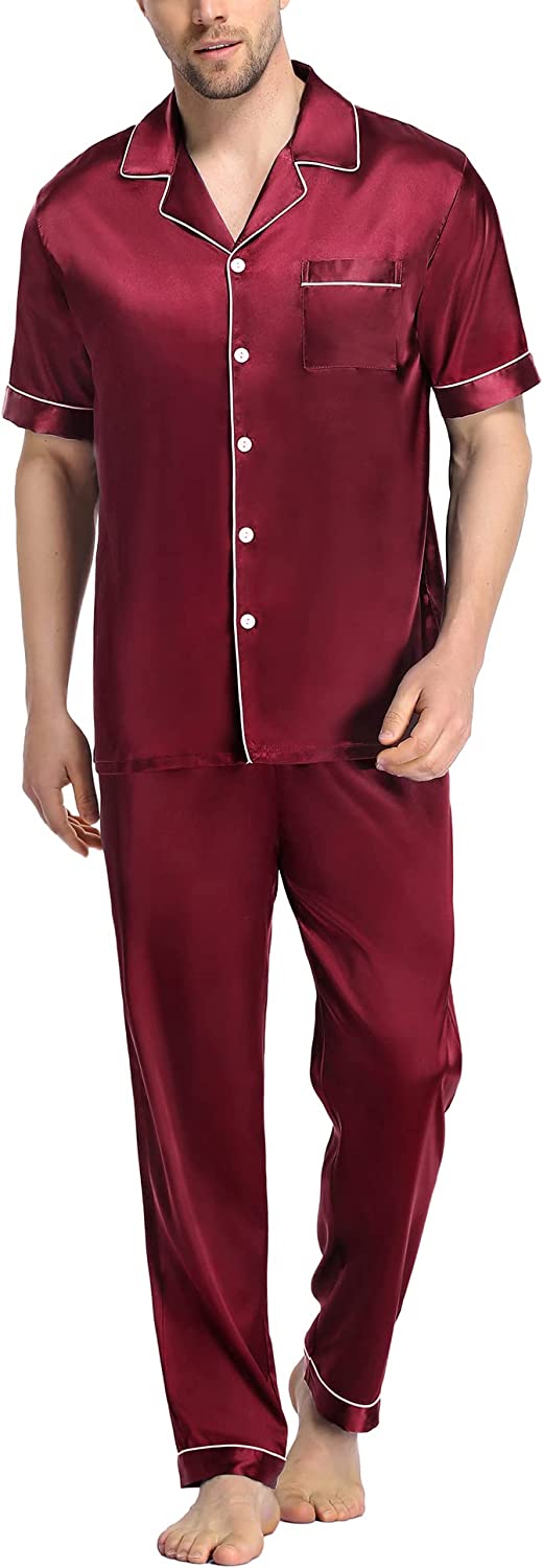 SWOMOG Men's Silk Satin Pajama Set Short Sleeve Classic Sleepwear Button Down Loungewear with Long Pants - Image 1
